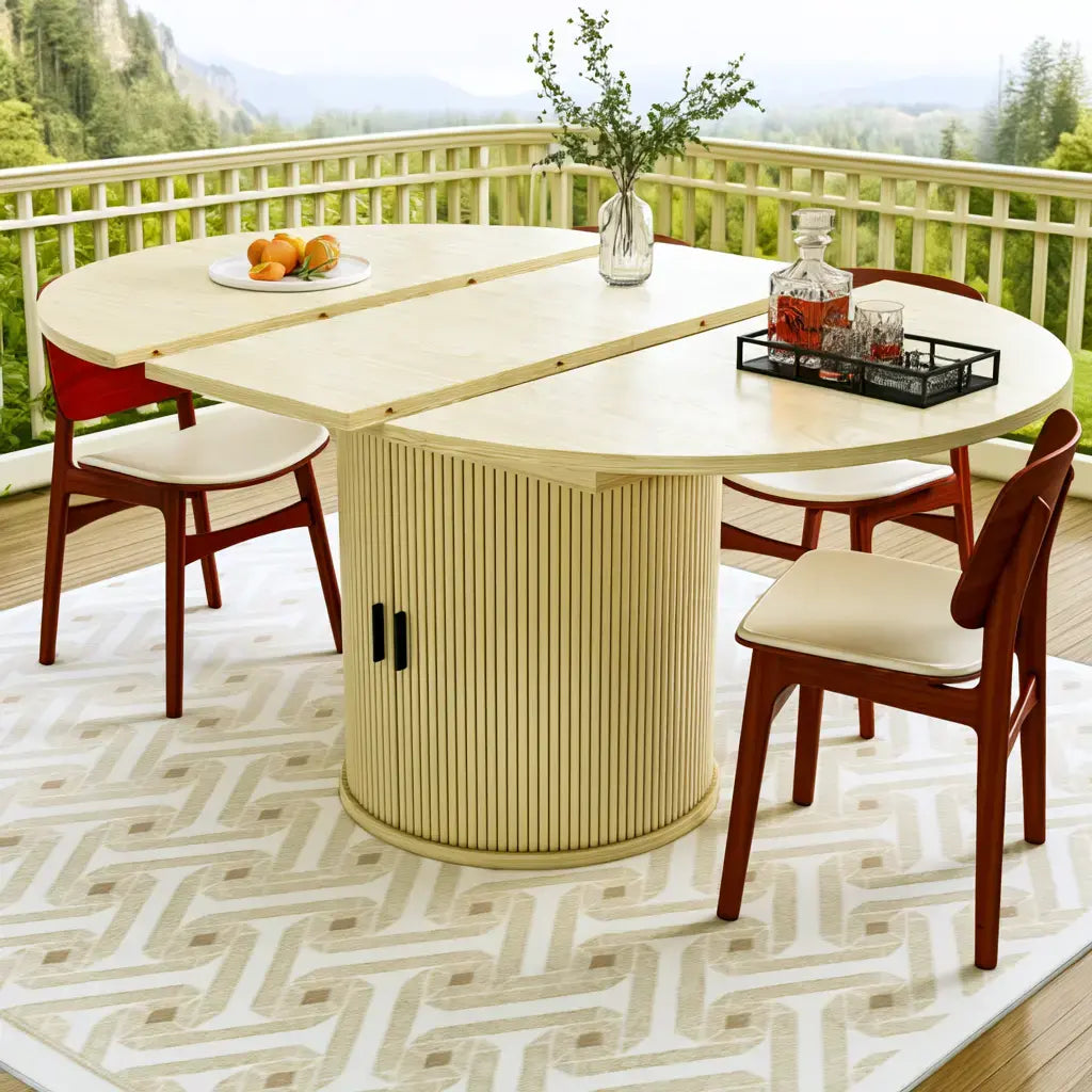 Mesa de comedor con tablero redondeado y base central - amarillo