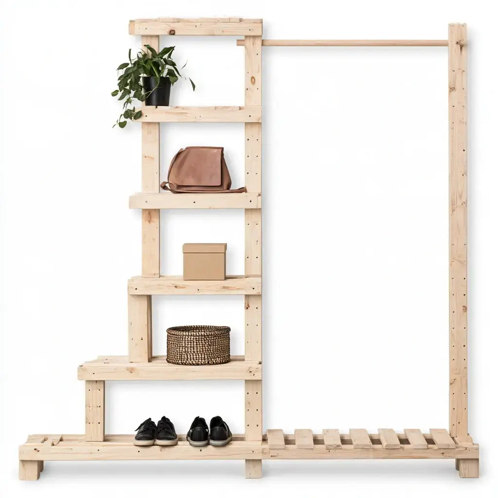 Perchero con estantes laterales y base de listones - beige